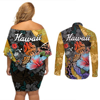 Hawaii Polynesian Couples Matching Off Shoulder Short Dress and Long Sleeve Button Shirts Turtles and Hibiscus Flower Gradient Pattern - Wonder Print Shop