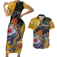Hawaii Polynesian Couples Matching Short Sleeve Bodycon Dress and Hawaiian Shirt Turtles and Hibiscus Flower Gradient Pattern - Wonder Print Shop
