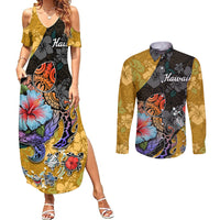 Hawaii Polynesian Couples Matching Summer Maxi Dress and Long Sleeve Button Shirts Turtles and Hibiscus Flower Gradient Pattern - Wonder Print Shop