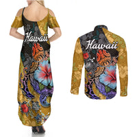 Hawaii Polynesian Couples Matching Summer Maxi Dress and Long Sleeve Button Shirts Turtles and Hibiscus Flower Gradient Pattern - Wonder Print Shop
