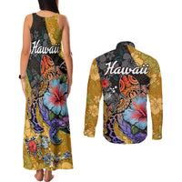 Hawaii Polynesian Couples Matching Tank Maxi Dress and Long Sleeve Button Shirts Turtles and Hibiscus Flower Gradient Pattern - Wonder Print Shop