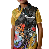 Hawaii Polynesian Kid Polo Shirt Turtles and Hibiscus Flower Gradient Pattern - Wonder Print Shop