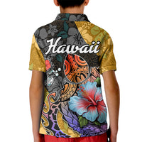 Hawaii Polynesian Kid Polo Shirt Turtles and Hibiscus Flower Gradient Pattern - Wonder Print Shop