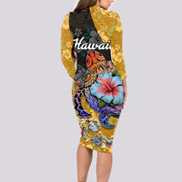 Hawaii Polynesian Long Sleeve Bodycon Dress Turtles and Hibiscus Flower Gradient Pattern - Wonder Print Shop