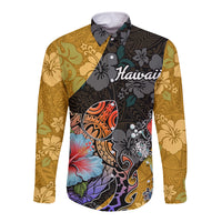 Hawaii Polynesian Long Sleeve Button Shirt Turtles and Hibiscus Flower Gradient Pattern - Wonder Print Shop