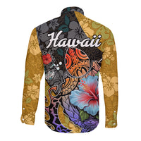 Hawaii Polynesian Long Sleeve Button Shirt Turtles and Hibiscus Flower Gradient Pattern - Wonder Print Shop