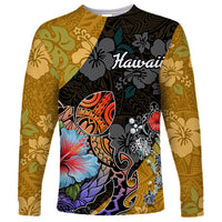 Hawaii Polynesian Long Sleeve Shirt Turtles and Hibiscus Flower Gradient Pattern - Wonder Print Shop