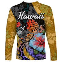 Hawaii Polynesian Long Sleeve Shirt Turtles and Hibiscus Flower Gradient Pattern - Wonder Print Shop