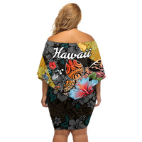Hawaii Polynesian Off Shoulder Short Dress Turtles and Hibiscus Flower Gradient Pattern - Wonder Print Shop