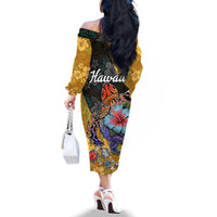 Hawaii Polynesian Off The Shoulder Long Sleeve Dress Turtles and Hibiscus Flower Gradient Pattern - Wonder Print Shop