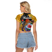 Hawaii Polynesian Raglan Cropped T Shirt Turtles and Hibiscus Flower Gradient Pattern - Wonder Print Shop