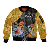 Hawaii Polynesian Sleeve Zip Bomber Jacket Turtles and Hibiscus Flower Gradient Pattern - Wonder Print Shop