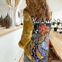 Hawaii Polynesian Women Casual Shirt Turtles and Hibiscus Flower Gradient Pattern - Wonder Print Shop