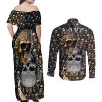 Skull Pattern Couples Matching Off Shoulder Maxi Dress and Long Sleeve Button Shirts Love and Death - Wonder Print Shop