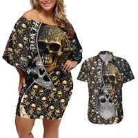 Skull Pattern Couples Matching Off Shoulder Short Dress and Hawaiian Shirt Love and Death - Wonder Print Shop