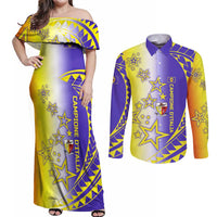 Campione d’Italia Couples Matching Off Shoulder Maxi Dress and Long Sleeve Button Shirt with Yellow Purple Star Design and Town Crest - Wonder Print Shop