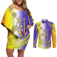 Campione d’Italia Couples Matching Off Shoulder Short Dress and Long Sleeve Button Shirt with Yellow Purple Star Design and Town Crest - Wonder Print Shop