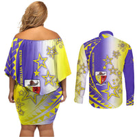 Campione d’Italia Couples Matching Off Shoulder Short Dress and Long Sleeve Button Shirt with Yellow Purple Star Design and Town Crest - Wonder Print Shop