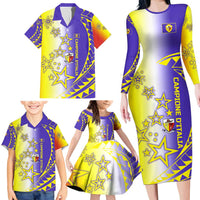Campione d’Italia Family Matching Long Sleeve Bodycon Dress and Hawaiian Shirt with Yellow Purple Star Design and Town Crest - Wonder Print Shop