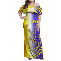 Campione d’Italia Family Matching Off Shoulder Maxi Dress and Hawaiian Shirt with Yellow Purple Star Design and Town Crest - Wonder Print Shop