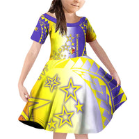Campione d’Italia Family Matching Off Shoulder Short Dress and Hawaiian Shirt with Yellow Purple Star Design and Town Crest - Wonder Print Shop