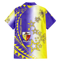 Campione d’Italia Family Matching Off Shoulder Short Dress and Hawaiian Shirt with Yellow Purple Star Design and Town Crest - Wonder Print Shop