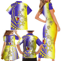 Campione d’Italia Family Matching Short Sleeve Bodycon Dress and Hawaiian Shirt with Yellow Purple Star Design and Town Crest - Wonder Print Shop