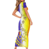 Campione d’Italia Family Matching Short Sleeve Bodycon Dress and Hawaiian Shirt with Yellow Purple Star Design and Town Crest - Wonder Print Shop