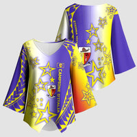 Campione d’Italia Kimono Sleeve Blouse with Yellow Purple Star Design and Town Crest - Wonder Print Shop