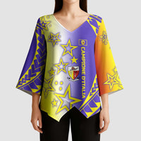 Campione d’Italia Kimono Sleeve Blouse with Yellow Purple Star Design and Town Crest - Wonder Print Shop