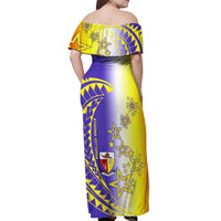 Campione d’Italia Off Shoulder Maxi Dress with Yellow Purple Star Design and Town Crest - Wonder Print Shop
