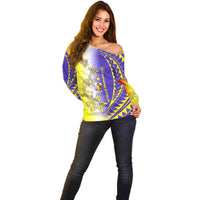Campione d’Italia Off Shoulder Sweater with Yellow Purple Star Design and Town Crest - Wonder Print Shop