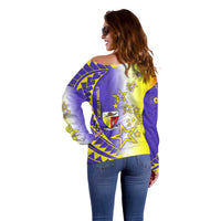 Campione d’Italia Off Shoulder Sweater with Yellow Purple Star Design and Town Crest - Wonder Print Shop