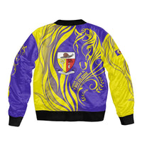 Campione d’Italia Bomber Jacket with Yellow Horse Graphic and Purple Flame Crest - Wonder Print Shop
