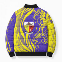 Campione d’Italia Bomber Puffer Jacket with Yellow Horse Graphic and Purple Flame Crest - Wonder Print Shop