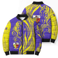Campione d’Italia Bomber Puffer Jacket with Yellow Horse Graphic and Purple Flame Crest - Wonder Print Shop
