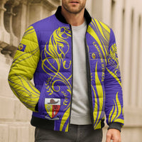 Campione d’Italia Bomber Puffer Jacket with Yellow Horse Graphic and Purple Flame Crest - Wonder Print Shop