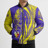 Campione d’Italia Bomber Puffer Jacket with Yellow Horse Graphic and Purple Flame Crest - Wonder Print Shop
