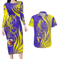 Campione d’Italia Couples Matching Long Sleeve Bodycon Dress and Hawaiian Shirt with Yellow Horse Graphic and Purple Flame Crest - Wonder Print Shop