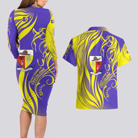 Campione d’Italia Couples Matching Long Sleeve Bodycon Dress and Hawaiian Shirt with Yellow Horse Graphic and Purple Flame Crest - Wonder Print Shop