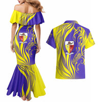Campione d’Italia Couples Matching Mermaid Dress and Hawaiian Shirt with Yellow Horse Graphic and Purple Flame Crest - Wonder Print Shop