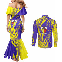 Campione d’Italia Couples Matching Mermaid Dress and Long Sleeve Button Shirt with Yellow Horse Graphic and Purple Flame Crest - Wonder Print Shop