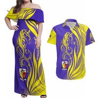 Campione d’Italia Couples Matching Off Shoulder Maxi Dress and Hawaiian Shirt with Yellow Horse Graphic and Purple Flame Crest - Wonder Print Shop