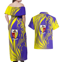 Campione d’Italia Couples Matching Off Shoulder Maxi Dress and Hawaiian Shirt with Yellow Horse Graphic and Purple Flame Crest - Wonder Print Shop