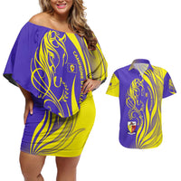 Campione d’Italia Couples Matching Off Shoulder Short Dress and Hawaiian Shirt with Yellow Horse Graphic and Purple Flame Crest - Wonder Print Shop