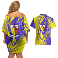 Campione d’Italia Couples Matching Off Shoulder Short Dress and Hawaiian Shirt with Yellow Horse Graphic and Purple Flame Crest - Wonder Print Shop