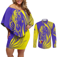 Campione d’Italia Couples Matching Off Shoulder Short Dress and Long Sleeve Button Shirt with Yellow Horse Graphic and Purple Flame Crest - Wonder Print Shop