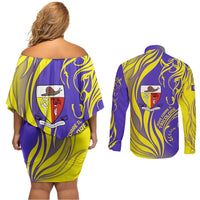 Campione d’Italia Couples Matching Off Shoulder Short Dress and Long Sleeve Button Shirt with Yellow Horse Graphic and Purple Flame Crest - Wonder Print Shop