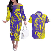 Campione d’Italia Couples Matching Off The Shoulder Long Sleeve Dress and Hawaiian Shirt with Yellow Horse Graphic and Purple Flame Crest - Wonder Print Shop