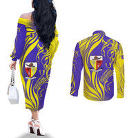 Campione d’Italia Couples Matching Off The Shoulder Long Sleeve Dress and Long Sleeve Button Shirt with Yellow Horse Graphic and Purple Flame Crest - Wonder Print Shop